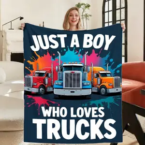 Just A Boy Who Loves Trucks 3 Semi Truck Print Soft Flannel All Season Blanket for Bed Sofa Travel Heavy Duty Truck Themed Gift Room Decor Red Yellow Blue Semi Trucks