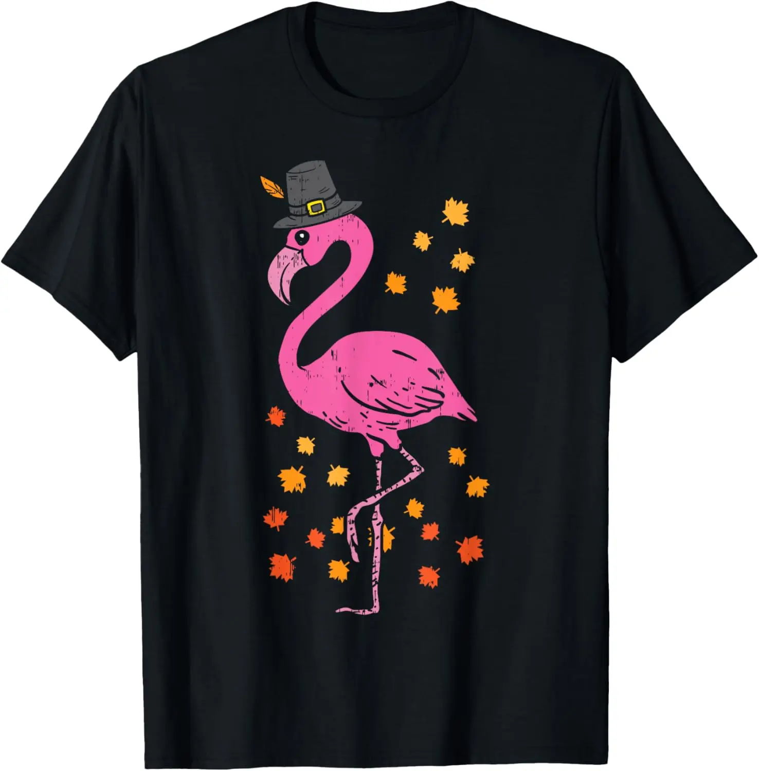 Pilgrim Pink Flamingo Thanksgiving Fall Autumn Animal Gift T-Shirt Pure Cotton Graphic Tees Menswear Top: Gifts for Men & Women