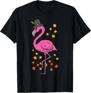 Pilgrim Pink Flamingo Thanksgiving Fall Autumn Animal Gift T-Shirt Pure Cotton Graphic Tees Menswear Top: Gifts for Men & Women