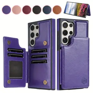 Phone Case - Solid Color Wallet Case with Double Button, Side Sticker, Card Slot, RFID Blocking, Kickstand, Magnetic Flip, Made of PU Artificial Leather for Samsung Galaxy S25 Ultra, S24 Plus, S23 FE, S22, S21