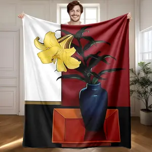 1 piece Still life with yellow lilies and blue bottles themed flannel blanket - Modern design flannel sofa blanket, suitable for beds and sofas, all-season multi-purpose use, super soft and warm, digitally printed pattern, 100% polyester material