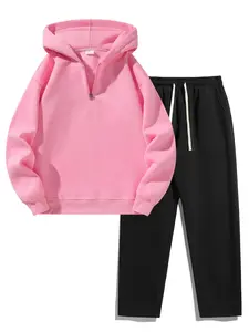 Men's Solid Drop Shoulder Hoodie & Drawstring Waist Sweatpants Set, Casual Fashion Cozy Breathable Two Piece Outfits for Daily Outdoor Wear, Men's Clothes for Fall & Winter,Airport Outfit