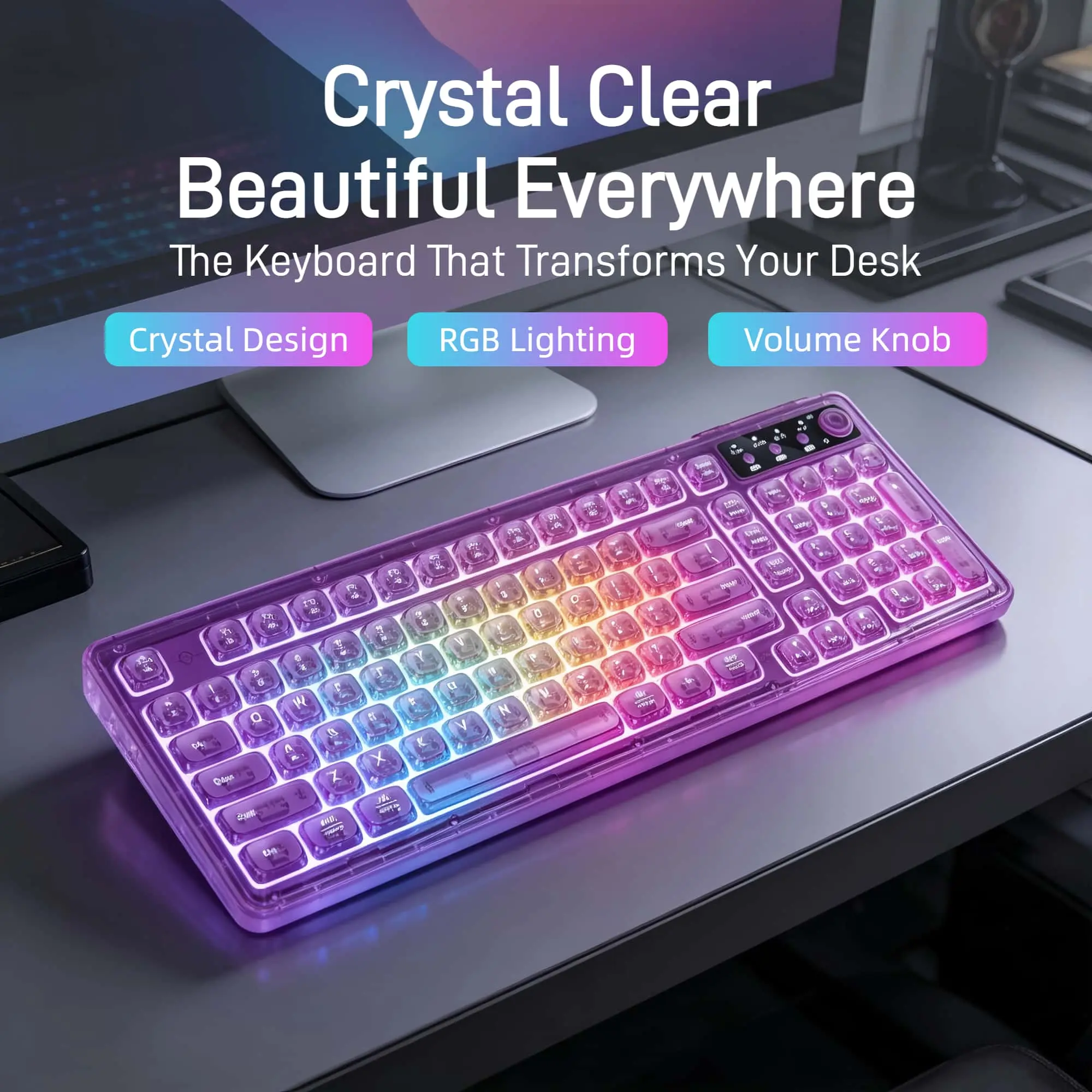 Crystal Transparent RGB Wireless Keyboard, 99-Key Tri-Mode Bluetooth Keyboard with Mechanical Feel, Media Knob & Number Pad, Purple