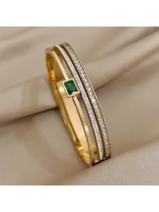 Luxury Stainless Steel Bracelet for Men Women Gold Waterproof Bracelet with Green White Diamonds Wide Band Jewelry New Year Valentine's Day Gift