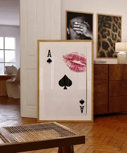 Playing Card Wall Art, Trendy Wall art, Retro Kiss Lips, Ace Of Hearts Print, Femme Fatale Print