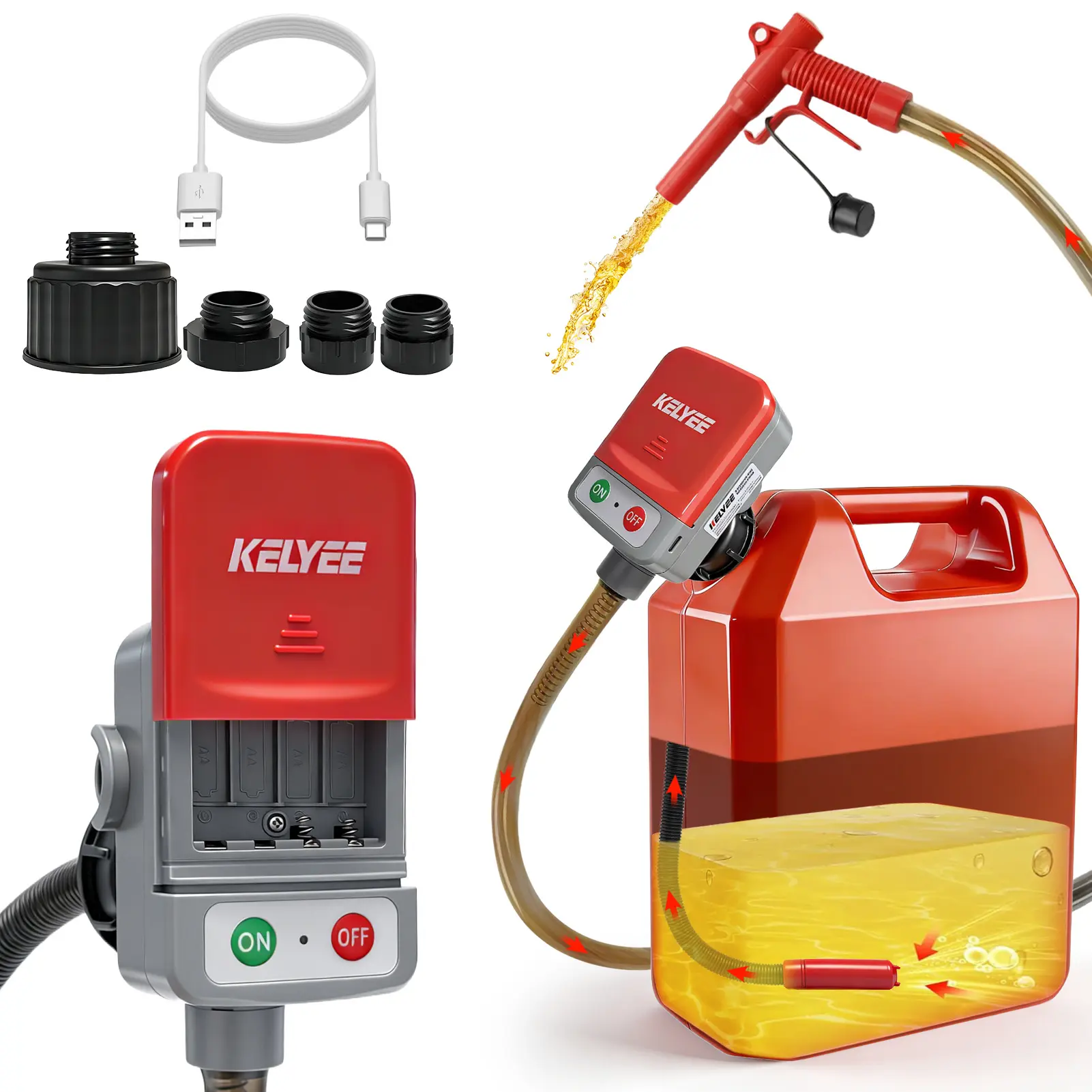 Automatic Fuel Transfer Pump with Auto-Stop, 3.2 GPM Fast Flow, Durable PVC Hose, Battery & Type-C Powered, 4 Can Adapters, Leak-proof Portable Gas Can Pump for Oil, Diesel & Gasoline (Batteries Not Included)