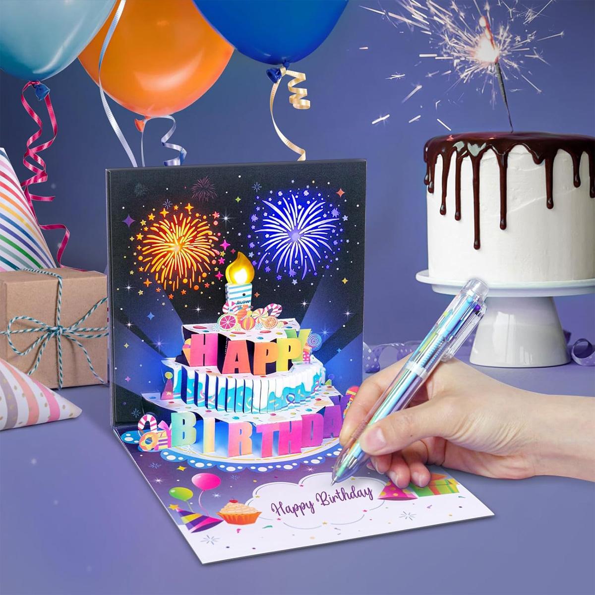 Blowable Firework Birthday Cards 3D Pop Up , Musical LED Lights Birthday Cards with Birthday Cake, Greeting Cards, Birthday Gifts for Mom Women Men Kids Child Dad Father Wife