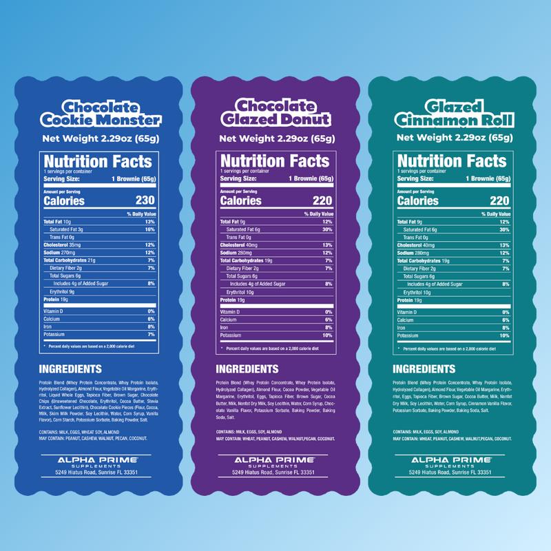 Prime Bites Protein Brownie Variety Pack - 19g Protein and 5g Collagen Chocolate Dessert