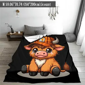 Cute Highland Cow Pattern Blanket, 1 Count Soft Throw Blanket, Air-conditioned Room Blanket, Warm Nap Blanket for Home Office Travel Camping