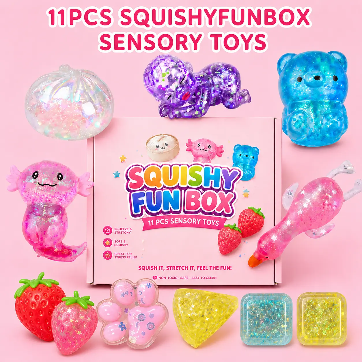 11 PCS Squishy Fun Box Sensory Toys, Malt Sugar Texture Squishies, Glitter Slow Rising Fidget Toys, Soft Stretch Stress Relief Toys, Cute Gift Set for Kids & Adults, Anxiety Relief Slow Rise Squeeze Toy, Birthday Party Favo baby backtoschool