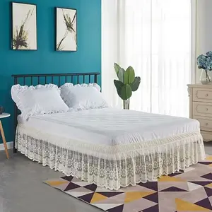 Lace Trimmed Elastic Bed Wrap, Easy Fit Dust Ruffle Bedskirt, White (Beige, )