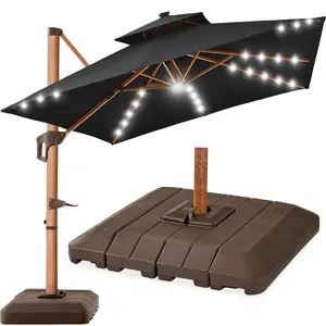 Best Choice Products 10ft Square Woodgrain Pattern 2-Tier Outdoor Solar LED Cantilever Umbrella w/ Base