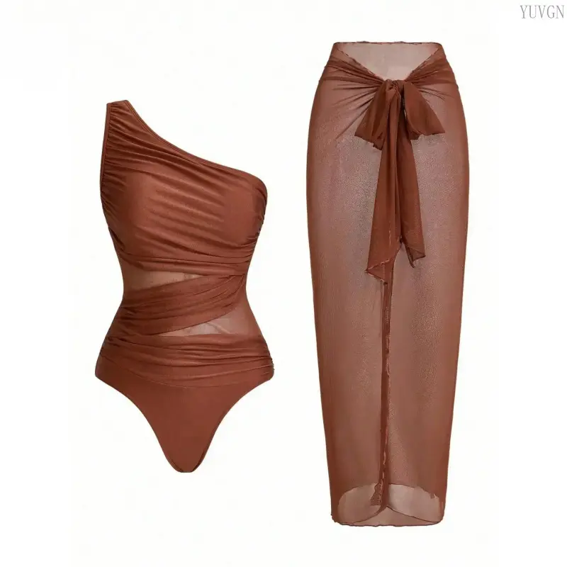 Women's Solid Ruched Mesh 1-Piece Swimsuit with Matching Sarong Wrap, Stretch Slim-Fit Breathable Swimwear, Curvy Beach Ootd, Ideal for Summer Vacation, Pool Parties
