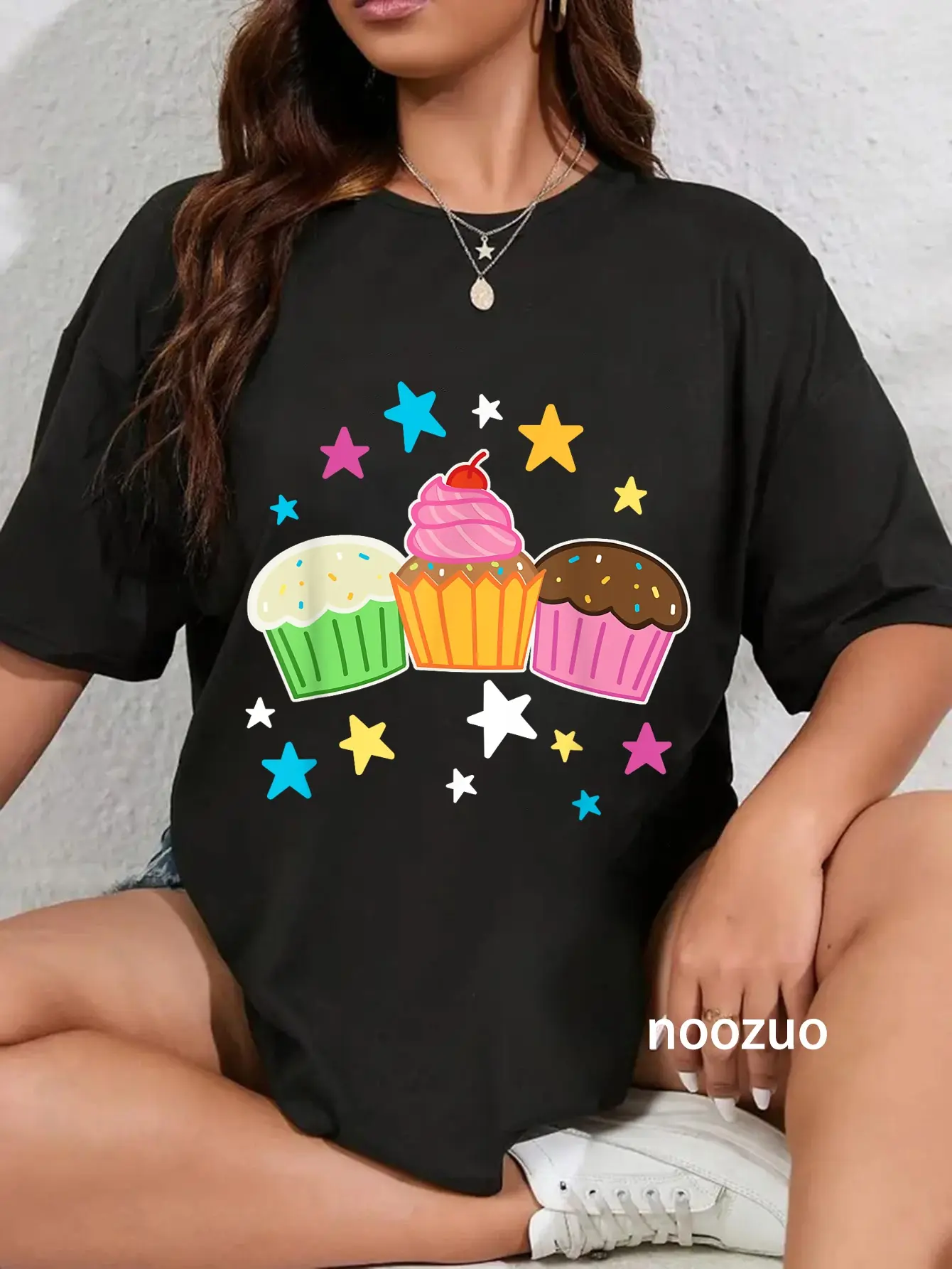 Women's 100% Cotton Vintage Loose-Fitting Round Neck Funny Cupcake Graphic T-Shirt - Baking Lover Casual All-Seasons Tshirt For Everyday Wear, Streetwear, Lady, Top, Graphic Print