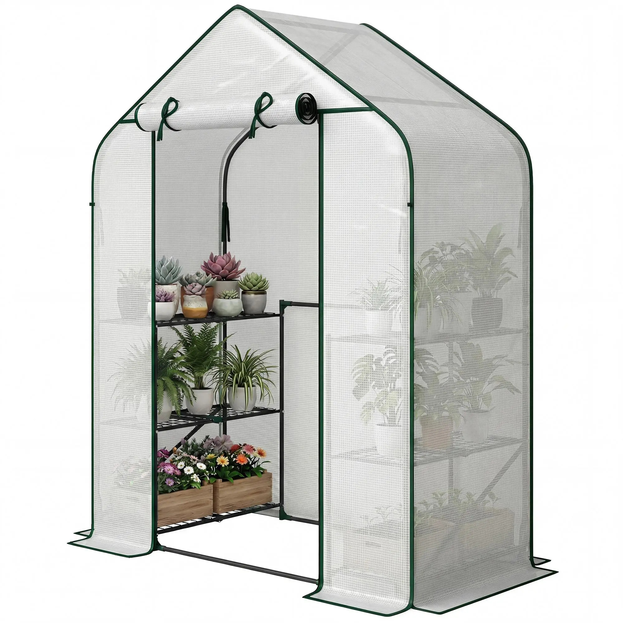 Zippered roll up door greenhouse with foldable steel frame windproof stable design for courtyard plant care