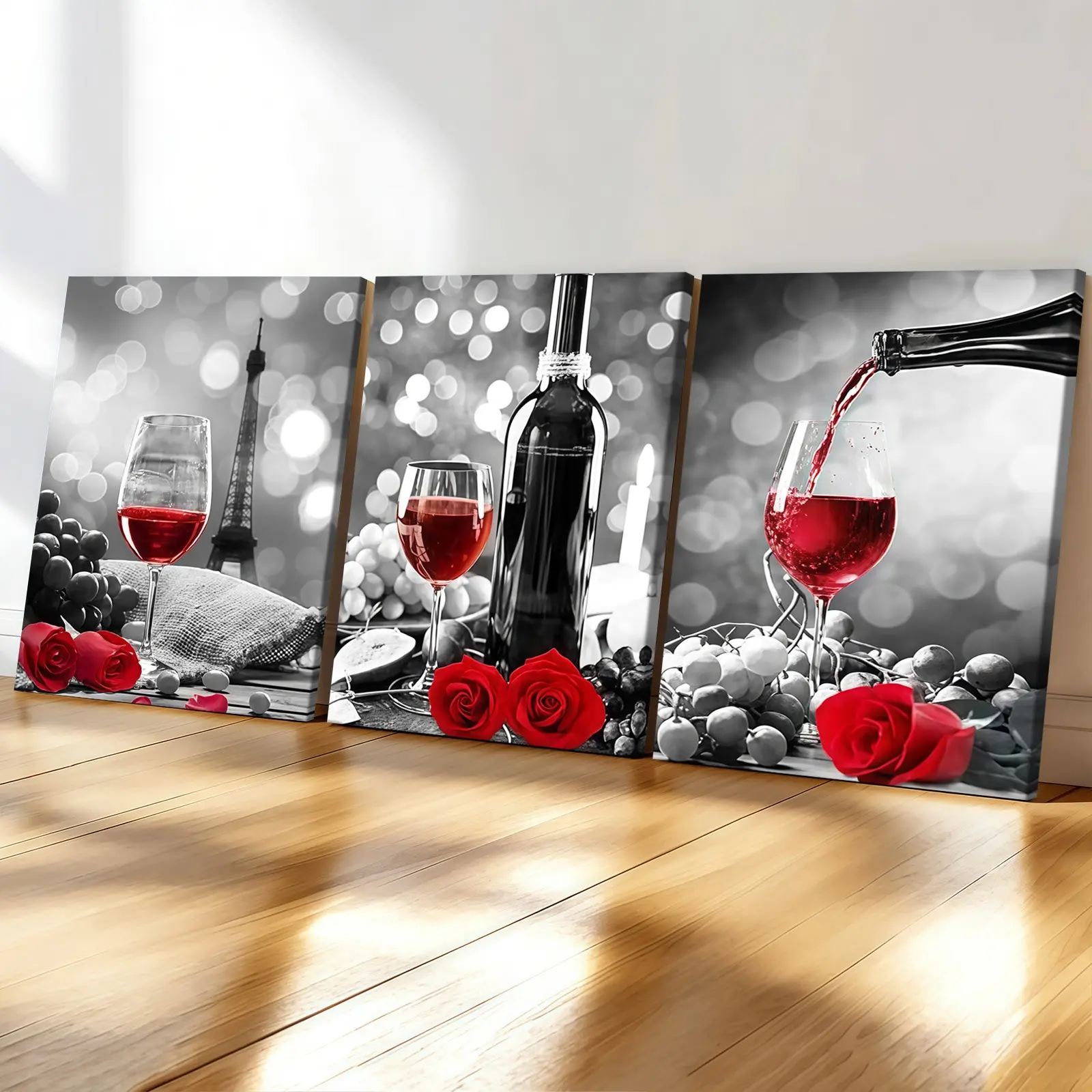 3-Pack Wood Frame Canvas Posters, Luxury Restaurant Style Wine Rose Theme, Modern Living Room Decor, Waterproof, Suitable for Bedroom, Office, Canvas Art Wall
