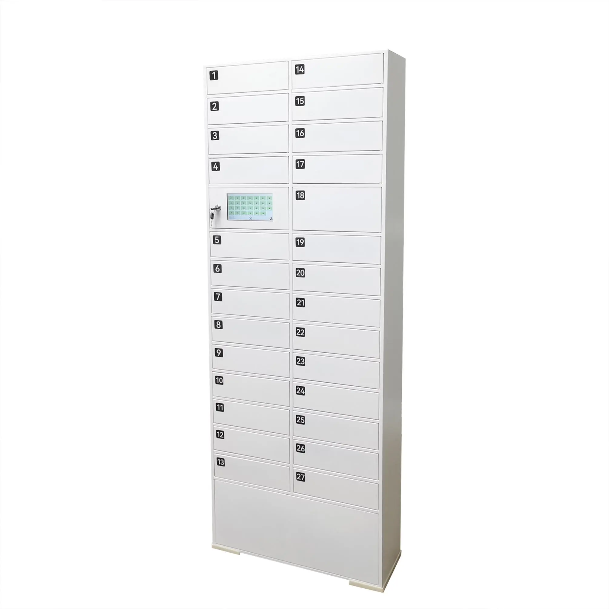 FixtureDisplays® 22.7" W x 8" D x 64" H Touchscreen Secure Locker System 27 Slots White Metal Cell Phone iPad USB Charging Station Locker 10260