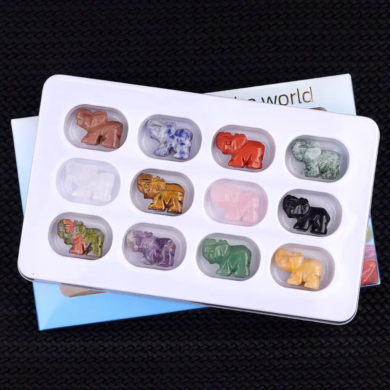 12Pcs Mini Hand-Carved Elephant Natural Crystal Figurine Set - Agate, Orange Calcite Gemstones, Healing Pieces, Crystal Decorative Stones, Good Luck Charm, Boho Room Gift, Collectibles, Natural Crystal Pieces