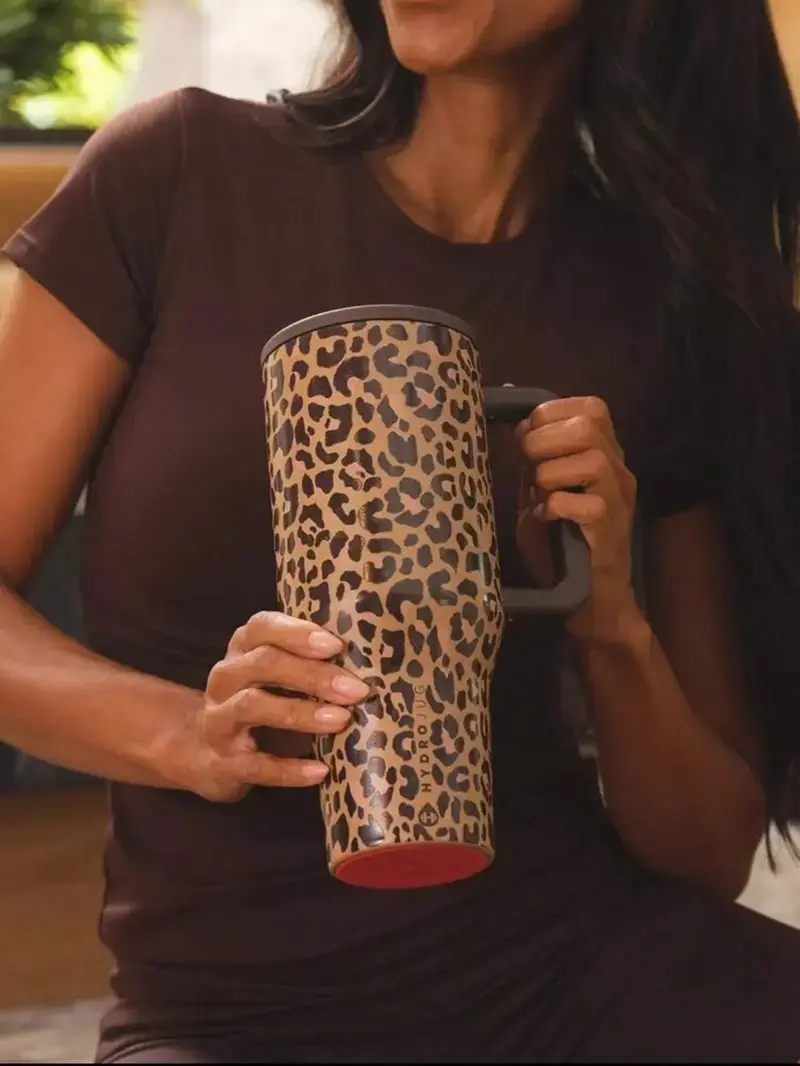 HydroJug 40 oz Stainless Steel Insulated Tumbler with Handle and Straw - Leakproof Leopard Print Water Bottle, 24-hour Cold Retention, Compatible with Car Cup Holders