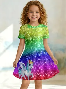 Girls Summer Rainbow Gradient Pegasus Unicorn Print Dress, Kids Glitter Star Crew Neck Short Sleeve A-Line Dress