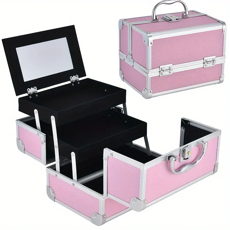 Professional Makeup Travel Bag, 6.7x6.7x9 Inch Portable Cosmetic Organizer, Mirror, Brush Holder, Lockable Key, Jewelry & Bathroom Essentials