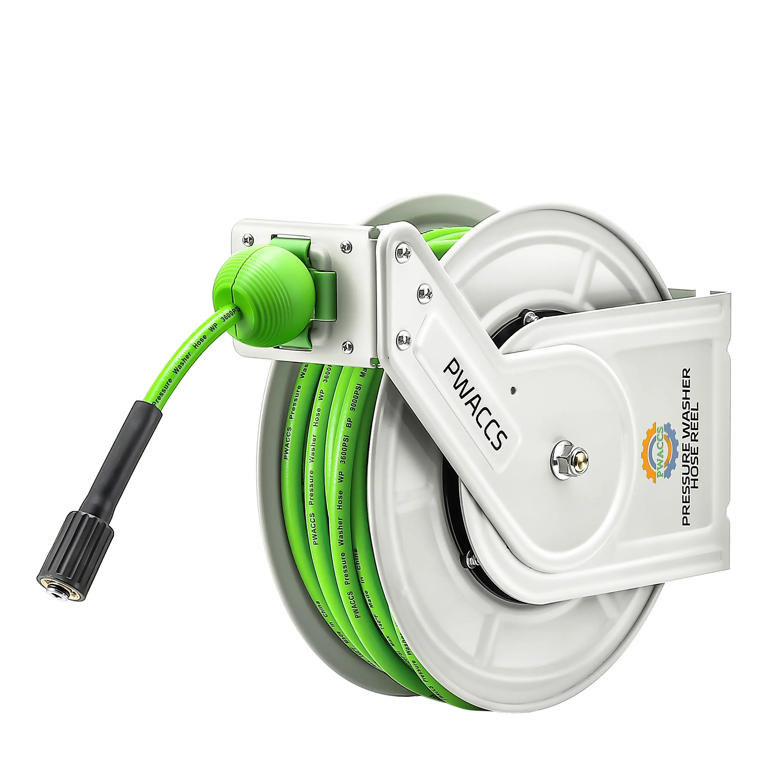 PWACCS Retractable Pressure Washer Hose Reel - 1/4"-60ft Heavy-Duty Auto-Rewind Tool with Water Hose Connector, Wall/Floor-Mountable, 3600 PSI, for Patio Cleaning, Father's Day Gift