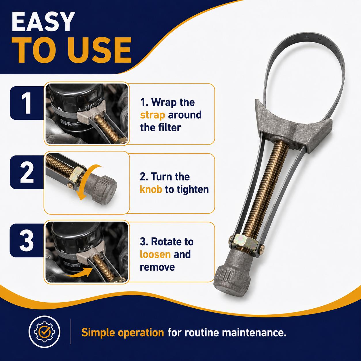 Adjustable Diameter Steel Strap Wrench for Car Oil Filter, Anti-Rust Coating, Solid Structure, Non-Slip Labor-Safe Grip, Universal Size for DIY Oil Change, Automotive Repair Maintenance on Most Sedans-SUVs