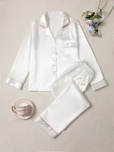 Comfortable Plain Satin Sleepwear Set, Soft Long Sleeve Button Up Top & Elastic Waist Pants, Casual Women's Loungewear for All Seasons