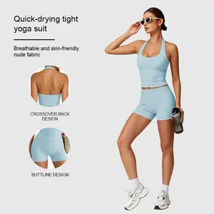 Aoqta Women's Solid Crop Sports Bra & High Waist Gym Shorts Tracksuit Set, High Stretch Casual Breathable Comfortable Quick Drying Spaghetti Strap Backless Sports Bra & Drawstring Waist Skinny Shorts for Yoga Gym Workout, Ladies Sportswear for All Seasons