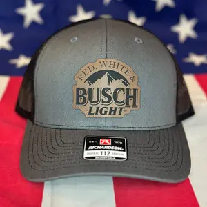 Richardson Red, White & Busch Light Hat with Premium Leatherette Patch, Iconic Phrase, Gray Color, Ideal for Beer Lovers