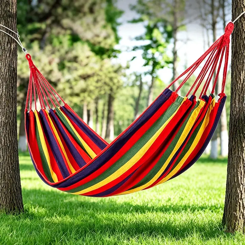 Outdoor Camping Hammock, Thickened Canvas Swing Bed, Anti-Side Flip Design, Perfect for Travel and Leisure, Durable and Comfortable, Stripe Pattern Hammock, Outdoor Portable Hammock