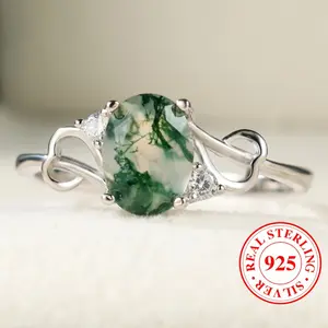 Elegant And Unique S925 Pure Silver Ring Featuring a Round Natural Moss Agate with an Infinity Symbol, Weighing 1.9G, Perfect for Engagement Or Wedding (The Ring Box Is for Photography Purposes). Note: Each Piece of Moss Agate Is Unique wit