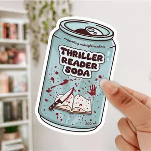 Thriller Reader Soda Sticker - Supporting Midnight Reading Design and Blood Splatter Details