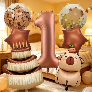 10-Piece Capybara Theme Balloon Set, Includes 32-Inch Chocolate Number, Capybara Aluminum Foil, Star, Cake, Ball, Party Decorations