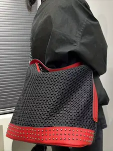 Ladies' bucket shaped fashionable and casual large capacity mesh spliced shoulder bag, rivet shoulder strap retro street style city bag bucket bag, simple mesh spliced crossbody bag, suitable for daily use and commuting