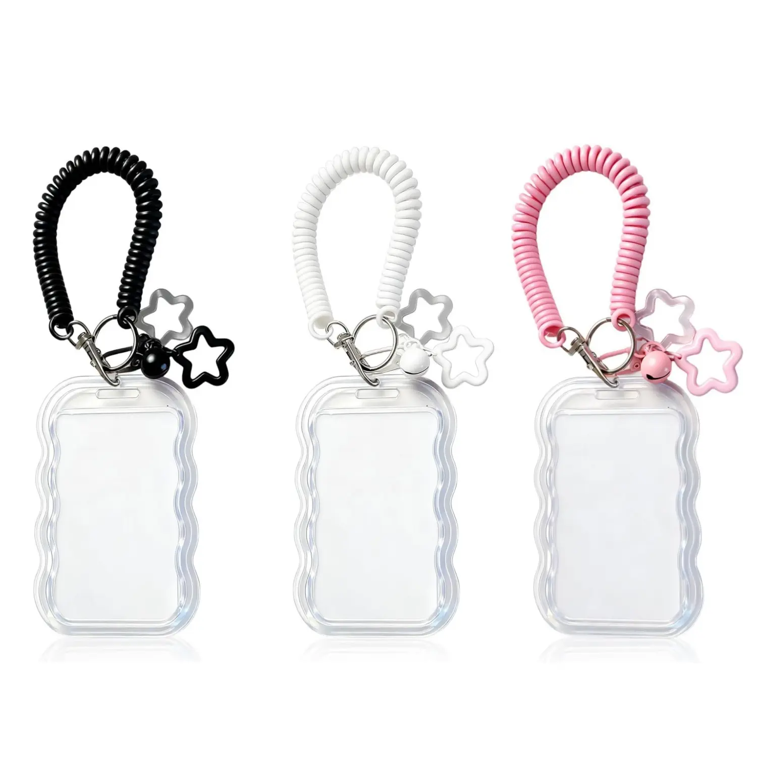 3Pcs Cute Photocard Holder Keychain Kpop Photo Card Holder, Transparent PC Holder with Star Wave Design for Bus Student Card, Creative Photo Protector Keychain (Black/White/Pink) - Home Improvement., Silicone, Alloy