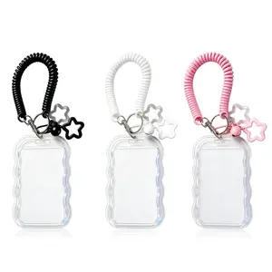 3Pcs Cute Photocard Holder Keychain Kpop Photo Card Holder, Transparent PC Holder with Star Wave Design for Bus Student Card, Creative Photo Protector Keychain (Black/White/Pink) - Home Improvement.