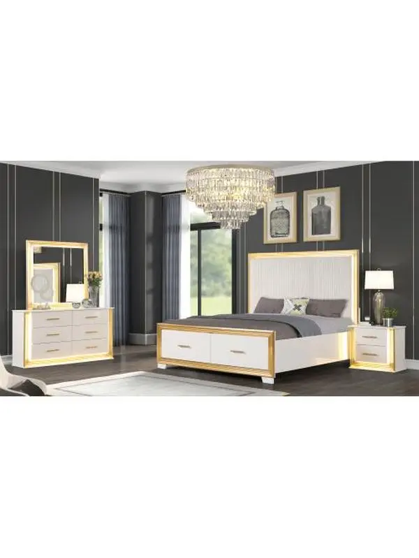 Desire Queen 4-Piece Bedroom Set - Queen Size Bed with LED Lights Upholstery, Solid & MDF Marble-Finished Storage Nightstand, Metallic Trim for Contemporary Glam Bedroom Decor, Requires Assembly, Wood