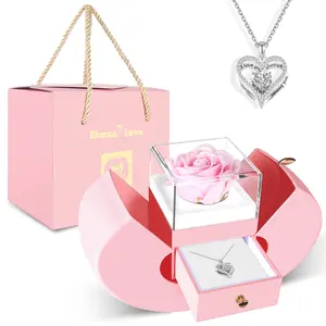 Preserved Real Pink Rose with S925 Sterling Silver Necklace Gift