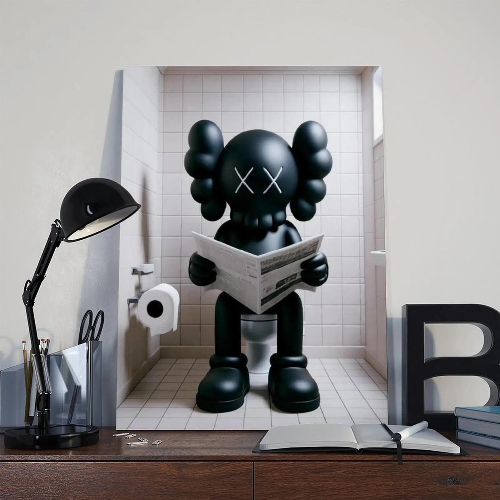 Kaws Sitting on Toilet Reading Newspaper Poster, Hypebeast Figure Print, Black Kaws Minimalist Decor Creative Modern Decoration Modern Home Decoration