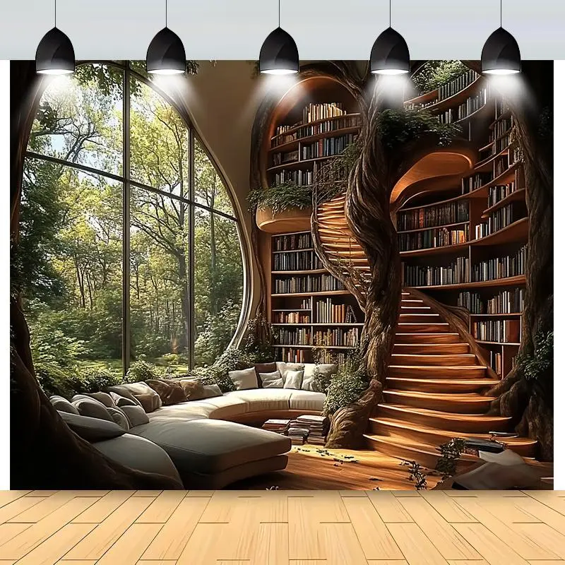 1pc Enchanted Tree Library Tapestry - Vibrant Polyester Wall Decor, Whimsical Home Decor, Fairy Tale Book-Themed White Textile, Machine Wash & Stain Resistant, All Seasons Indoor Holiday Use, No Power Required