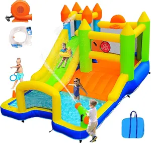 Bounce House, Inflatable Water Slide for Kids, 9 in 1 Bounce Castle w/Long Slide, Climbing Wall, Ball Pit Pool, Soccer Goal, Blow Up Water Park w/Air Blower, for Indoor Outdoor