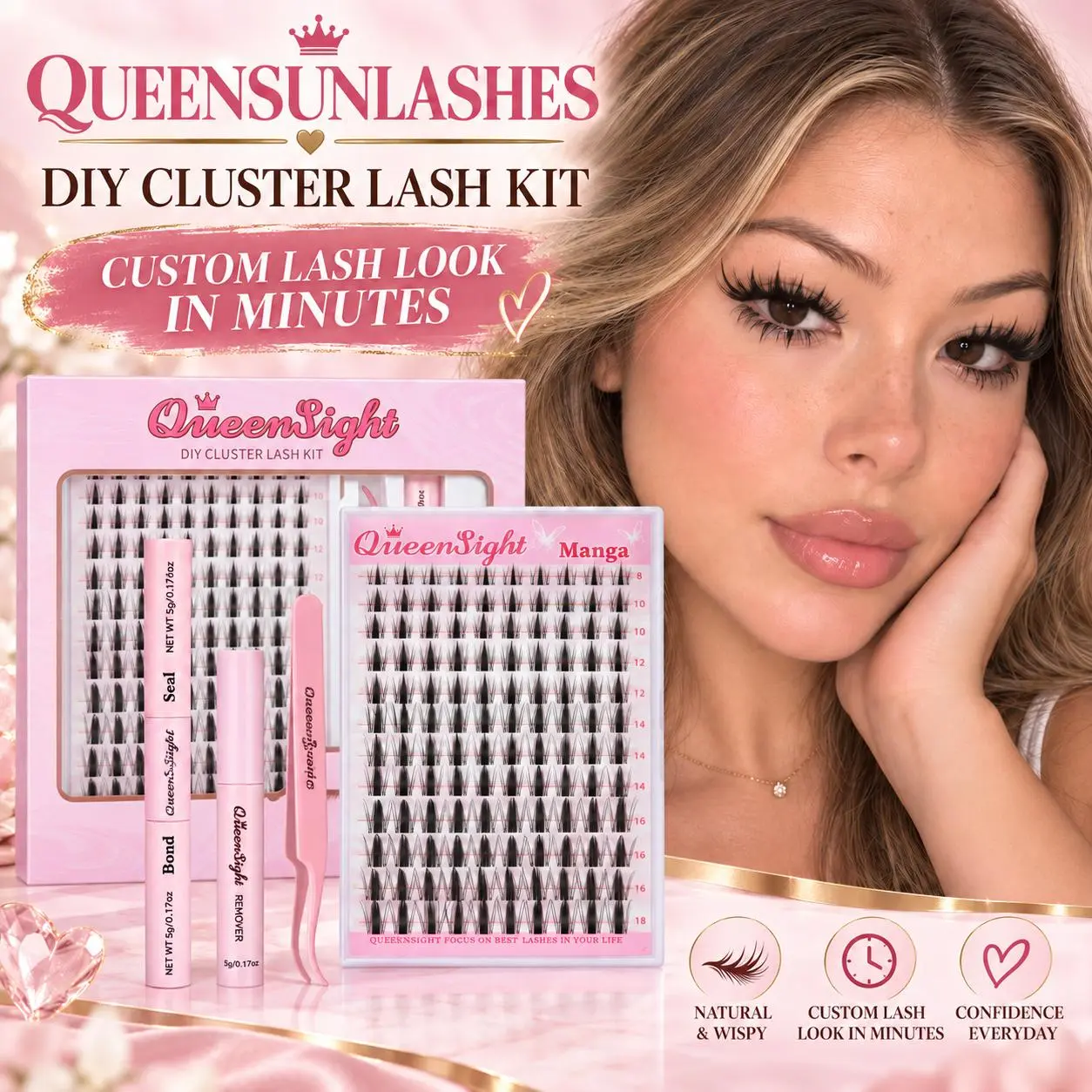Queensight Doll Wispy Cluster Lashes Kit, 8-18mm Cosmetic Lash Extensions Set with Band, Seal, Tweezers, Remover - Beginner-Friendly, Lightweight Soft Glam Eyelash Kit for Women's Daily Makeup