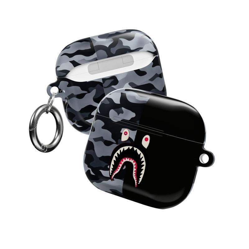 Camo Streetwear AirPods Case Collection | Bold Shark Mouth Icon with Military Camouflage Patterns | Urban Hypebeast Tactical Aesthetic Half-Black Design | Durable Protective Cover | For AirPods 1 2 3 4 & Pro Gen 1 2 3 | Gift