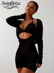 Briza｜Women's Halter-Neck Triangle Bikini + Knitted Cover-Up, Long Sleeves + Bell Sleeves