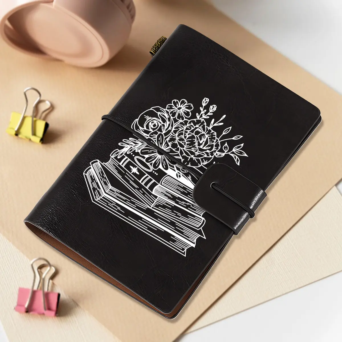 1pc Short Pocket Subject Notebook A7 Size 5.5x3.7 Inches, Books and Flowers White Line Art Ideal Gift for Thanksgiving, Christmas and Birthday