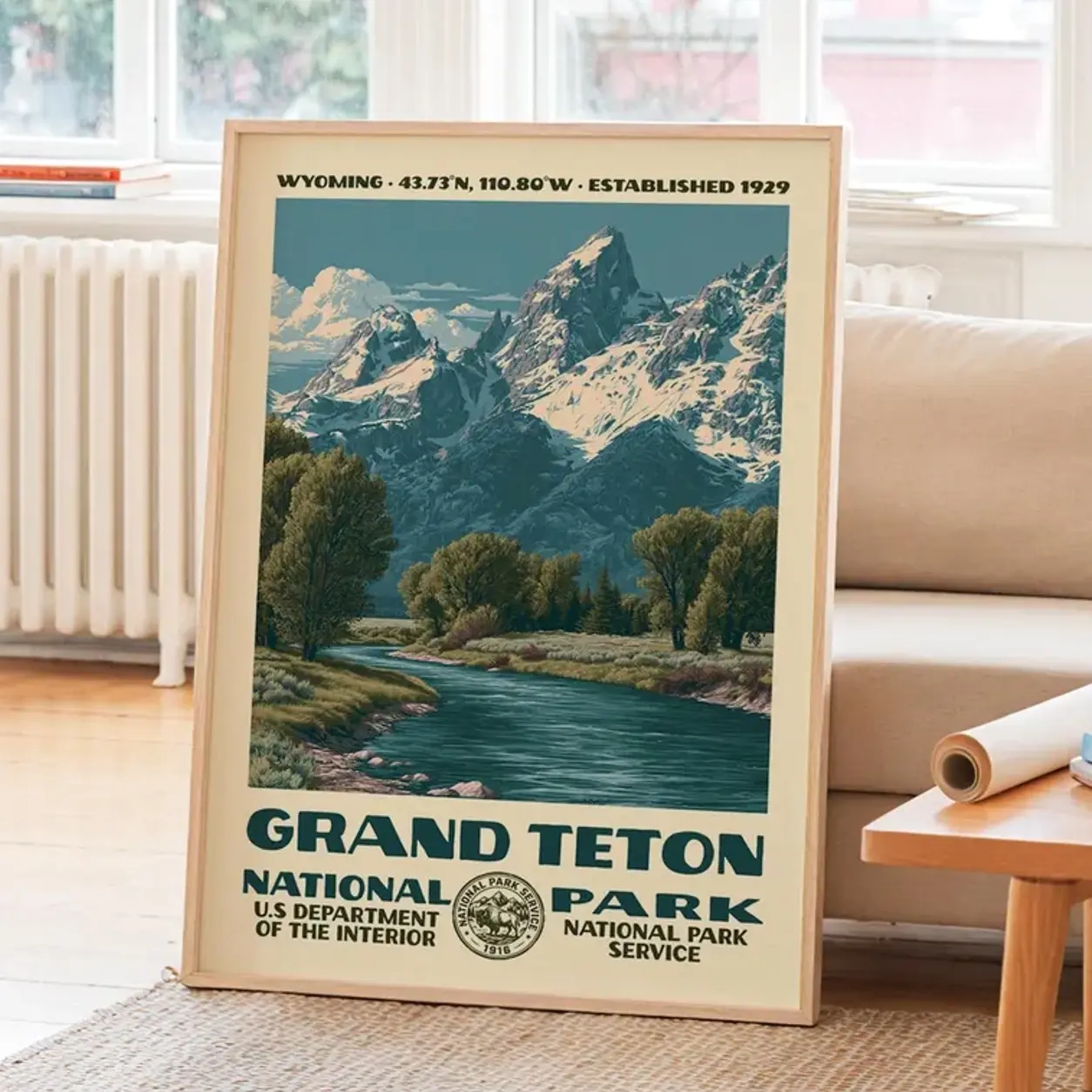 Grand Teton National Park Vintage WPA Poster, Nature Landscape Wall Art Decor, Retro Travel Framed.