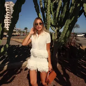 Fringe Short-Sleeve Knit Blazer + High-Waisted Mini Skirt Set