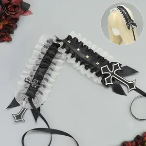 Halloween Gothic Punk Headband Y2K Metal Cross Hairband with Rivets Unisex Dark Style Accessory for Cosplay Anime Expo Halloween Parties in Black White Red headband boo headbands for women