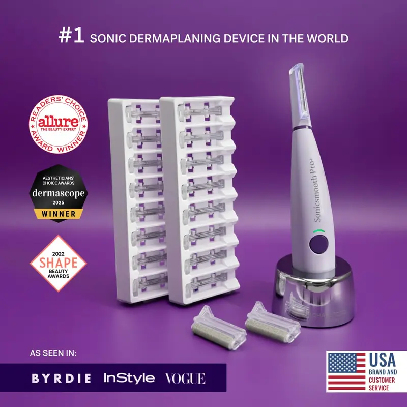 Sonicsmooth Pro+ 2-in-1 Sonic Dermaplaning & Microdermabrasion System with CLEAR GLOW Technology | Includes 16 Dermaplaning Blades + 2 Microdermabrasion Tips | At-Home Facial Exfoliation & Peach Fuzz Removal | Dermatologist Approved, Sensitive-Skin Safe